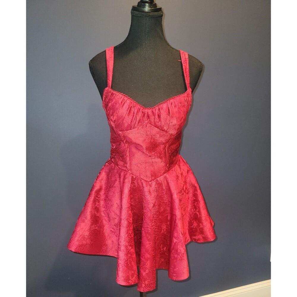 Red Floral Jacquard Fit & Flare Mini Dress Sweetheart Lace-Up Back Size S